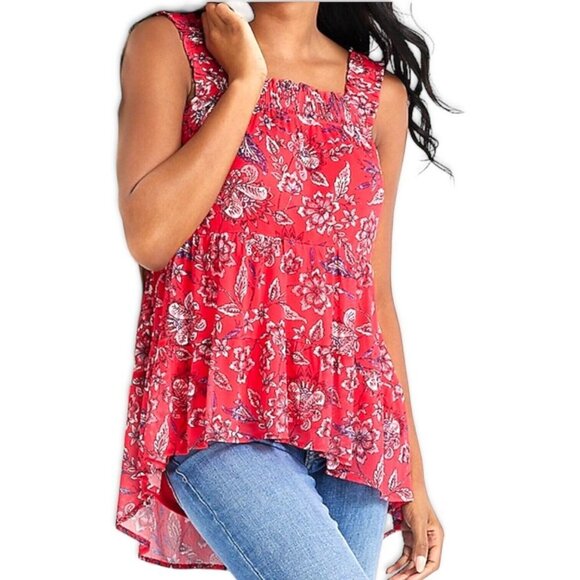 Maurices Ruffle Trim Top Women S Red Floral Square Neck Sheer Lined High Low NWT - Picture 1 of 15